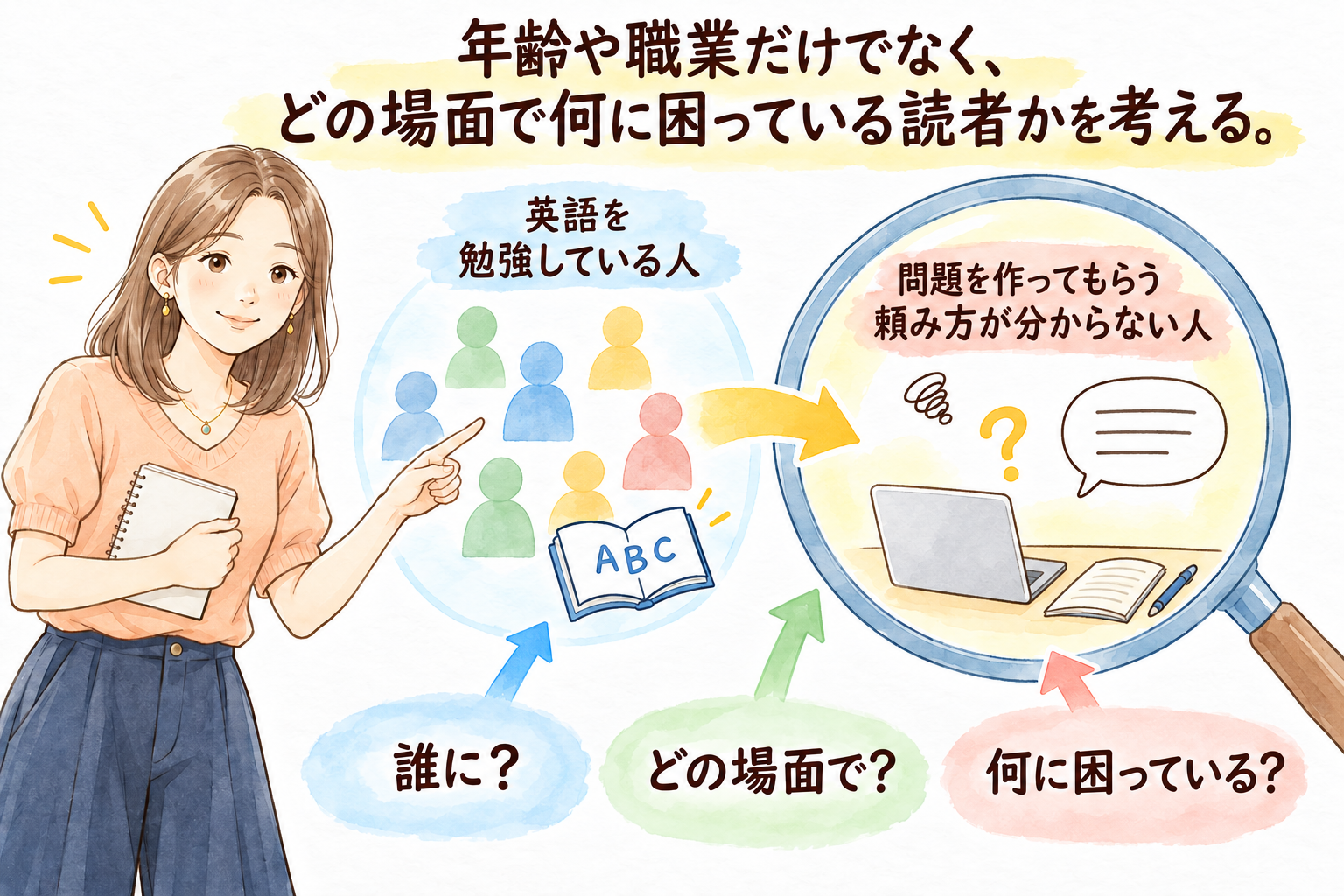年齢や職業だけでなく、どの場面で何に困っている読者かを考える。