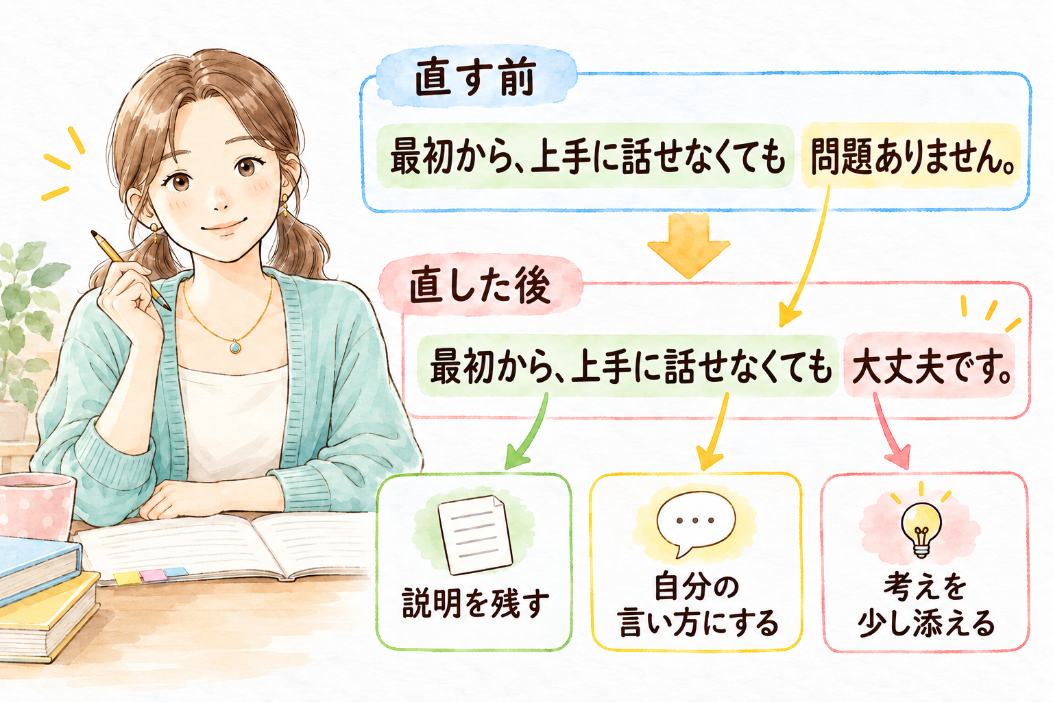 内容や理由を残したまま、自分の言い方や考えを少し添えて仕上げる。