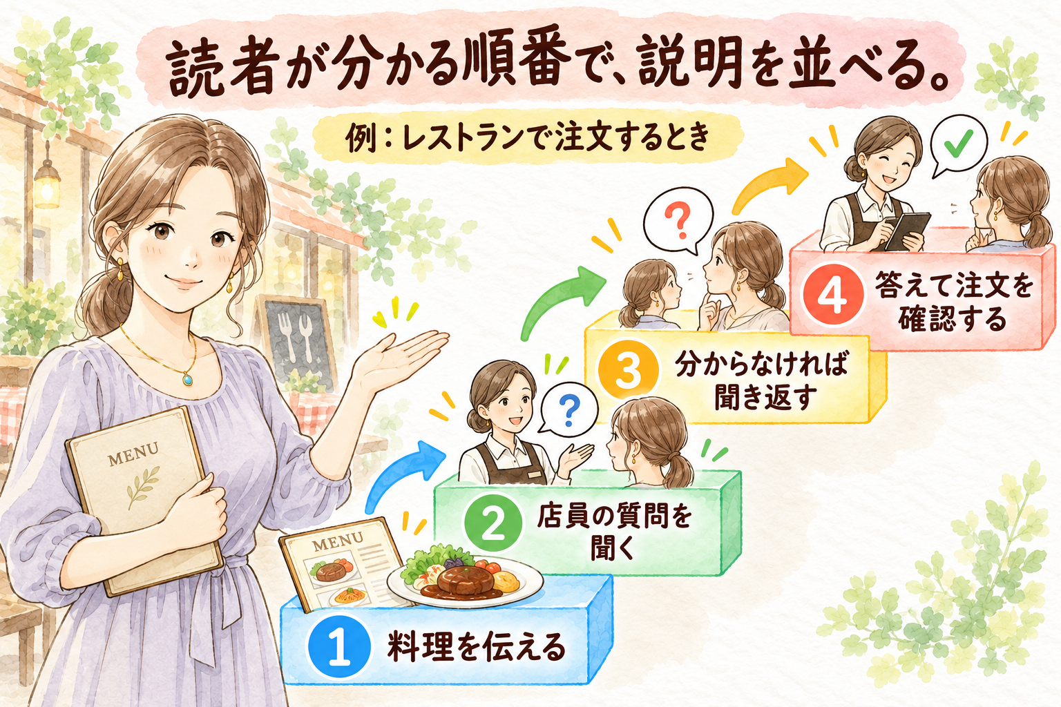 読者が分かる順番で説明を並べる。レストランで、料理を伝える、店員の質問を聞く、分からなければ聞き返す、答えて注文を確認する。
