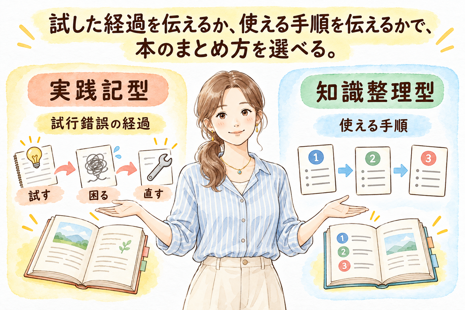 試した経過を伝えるか、使える手順を伝えるかで、本のまとめ方を選べる。