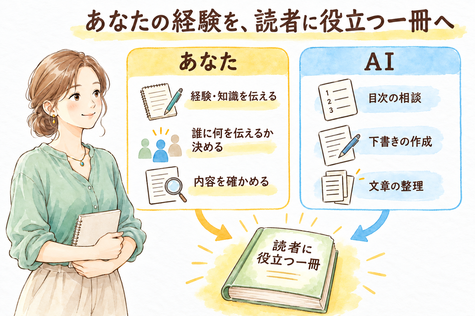 著者は経験や知識を伝え、誰に何を伝えるかを決めて内容を確かめる。AIは目次の相談、下書き、文章の整理を助け、ともに読者に役立つ一冊を作る。