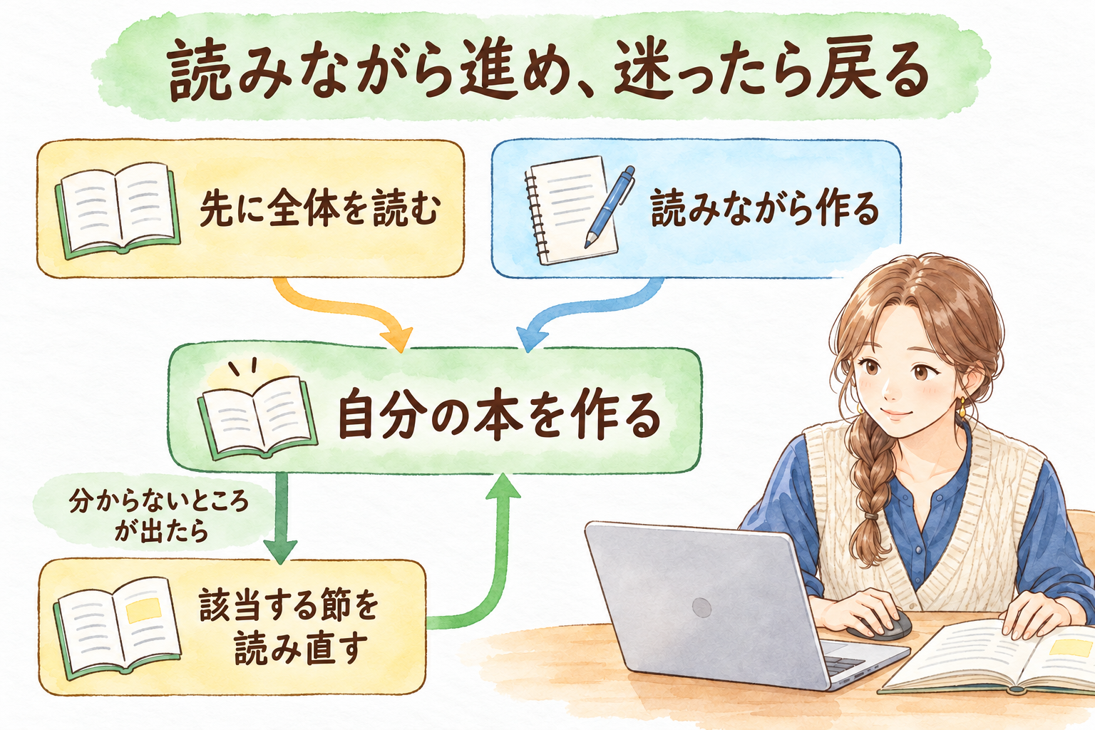 先に全体を読む方法と読みながら作る方法がある。自分の本を作り、分からない箇所が出たら該当する節を読み直し、作業へ戻る。
