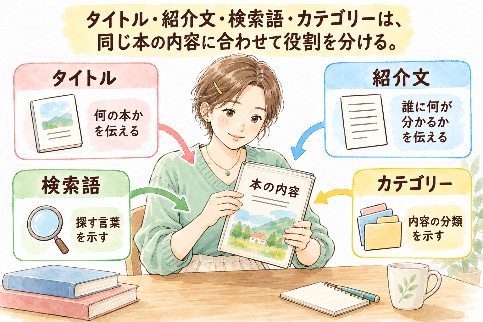 タイトル・紹介文・検索語・カテゴリーは、同じ本の内容に合わせて役割を分ける。