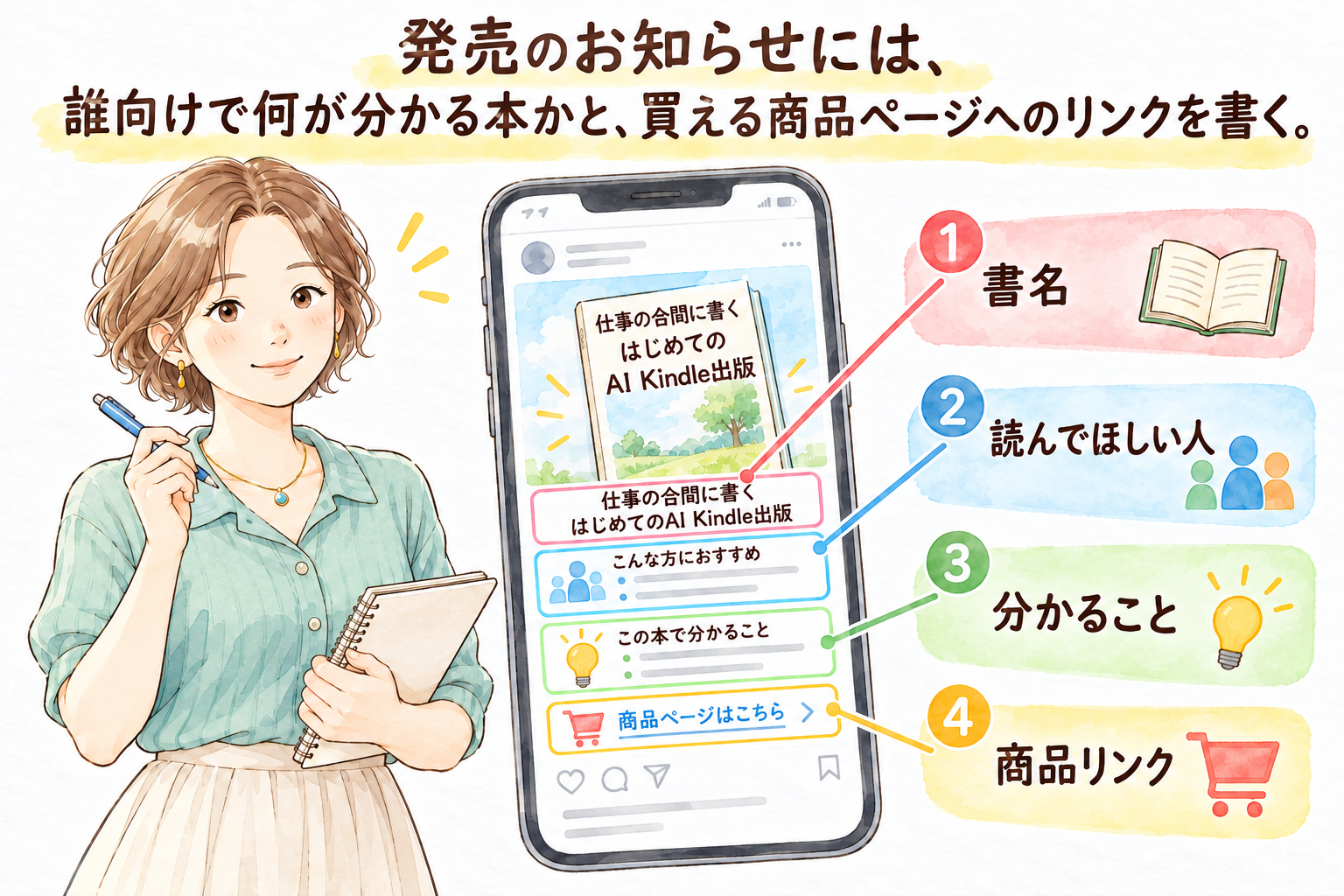発売のお知らせには、誰向けで何が分かる本かと、買える商品ページへのリンクを書く。