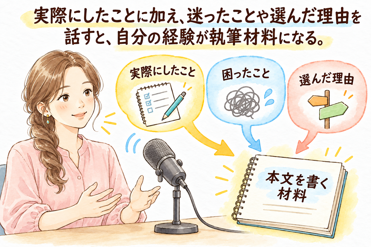 実際にしたことに加え、迷ったことや選んだ理由を話すと、自分の経験が執筆材料になる。