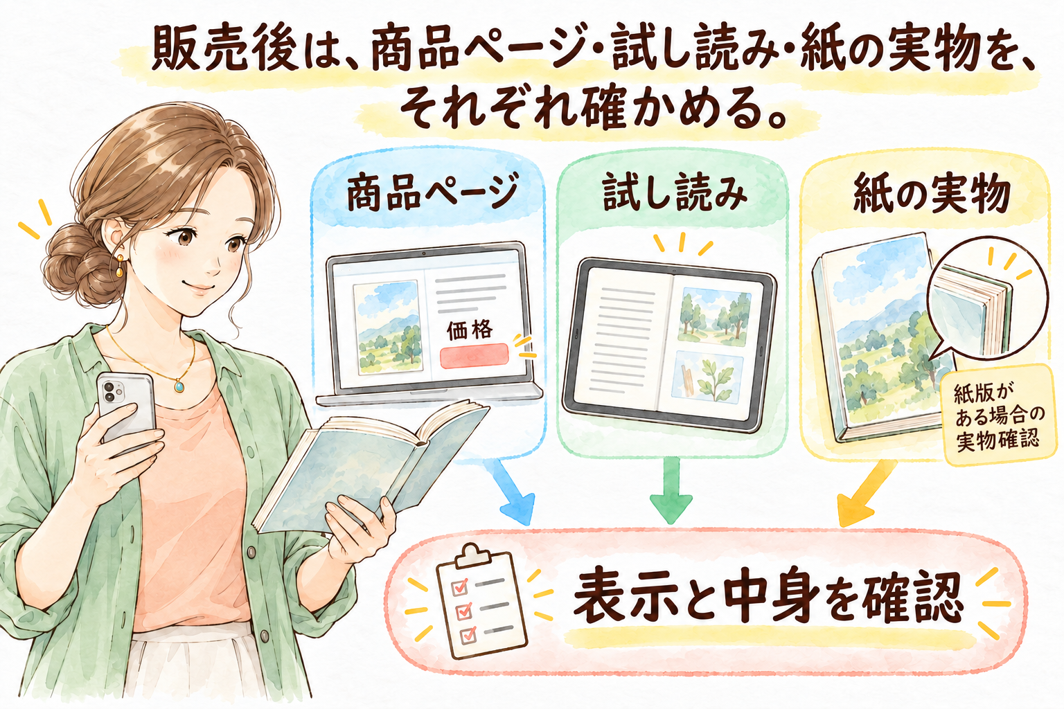 販売後は、商品ページ・試し読み・紙の実物を、それぞれ確かめる。