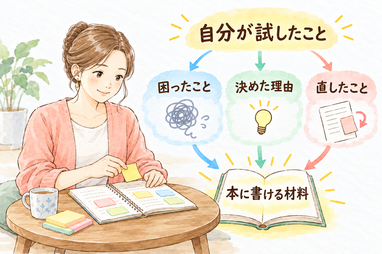 自分が試した経験を、困ったことや判断の理由まで振り返ると、本に書ける材料が見つかる。