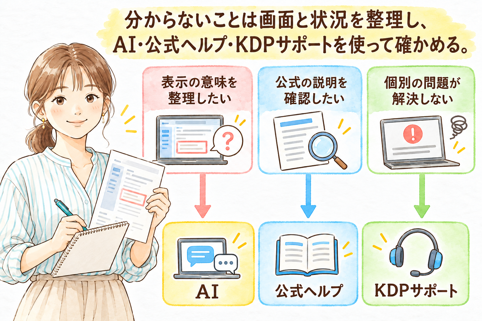 分からないことは画面と状況を整理し、AI・公式ヘルプ・KDPサポートを使って確かめる。