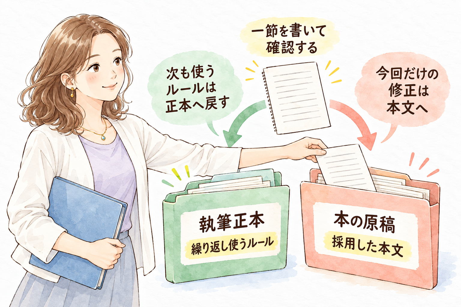 執筆ルールと採用した本文を分けて保存し、繰り返す指示だけを正本へ残す。