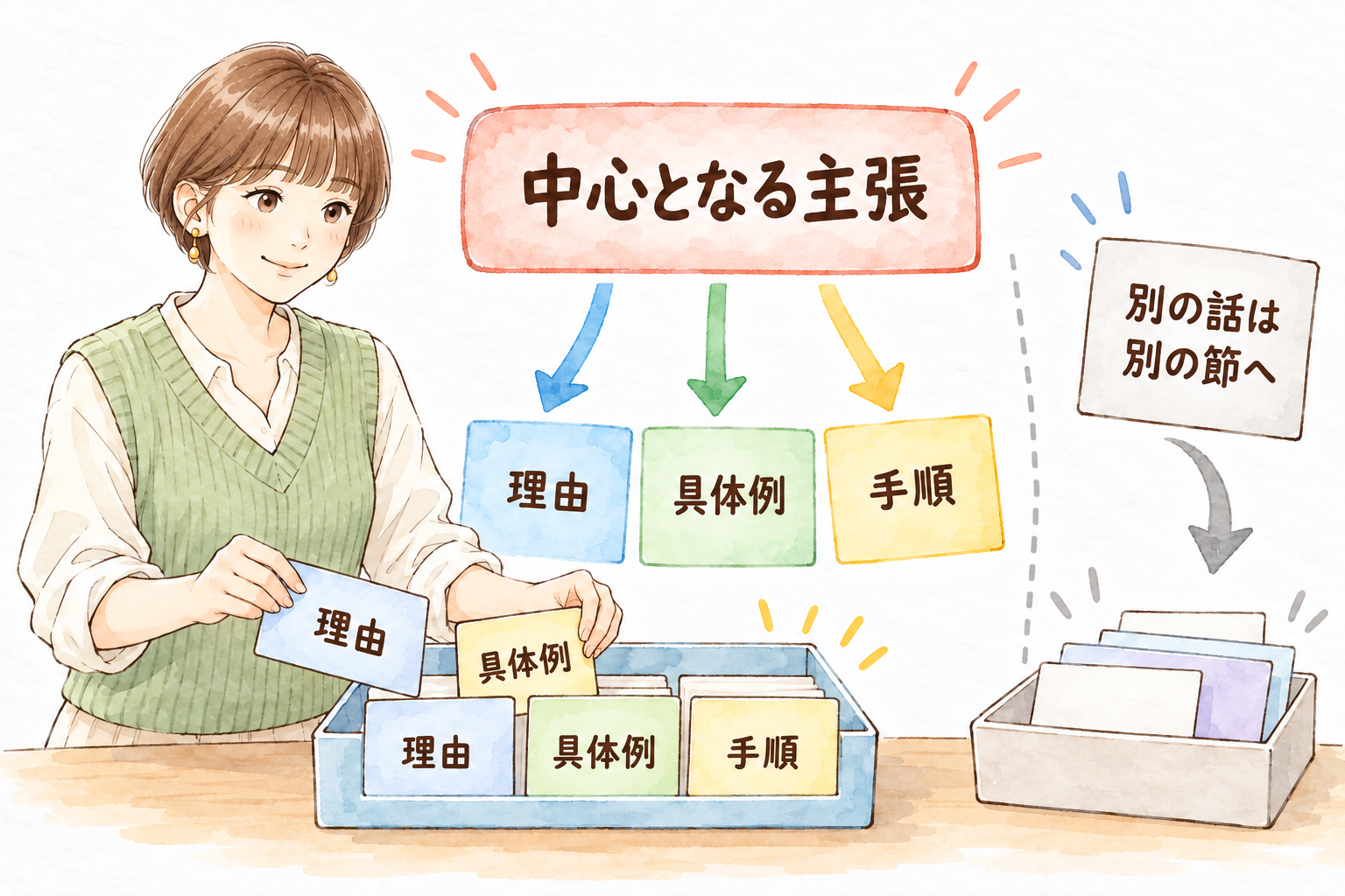 一節で伝える中心を一つ決め、その説明に必要な理由・例・手順を残す。