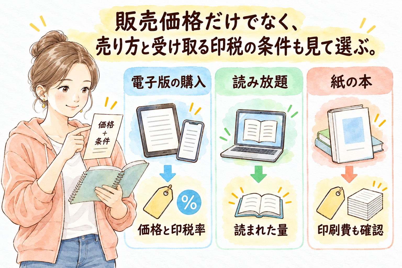 販売価格だけでなく、売り方と受け取る印税の条件も見て選ぶ。