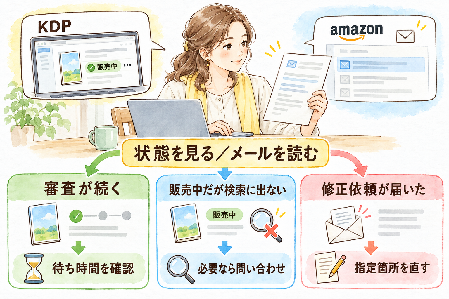 待つだけでよいか、修正や問い合わせが必要かは、本の状態とメールを見て判断する。