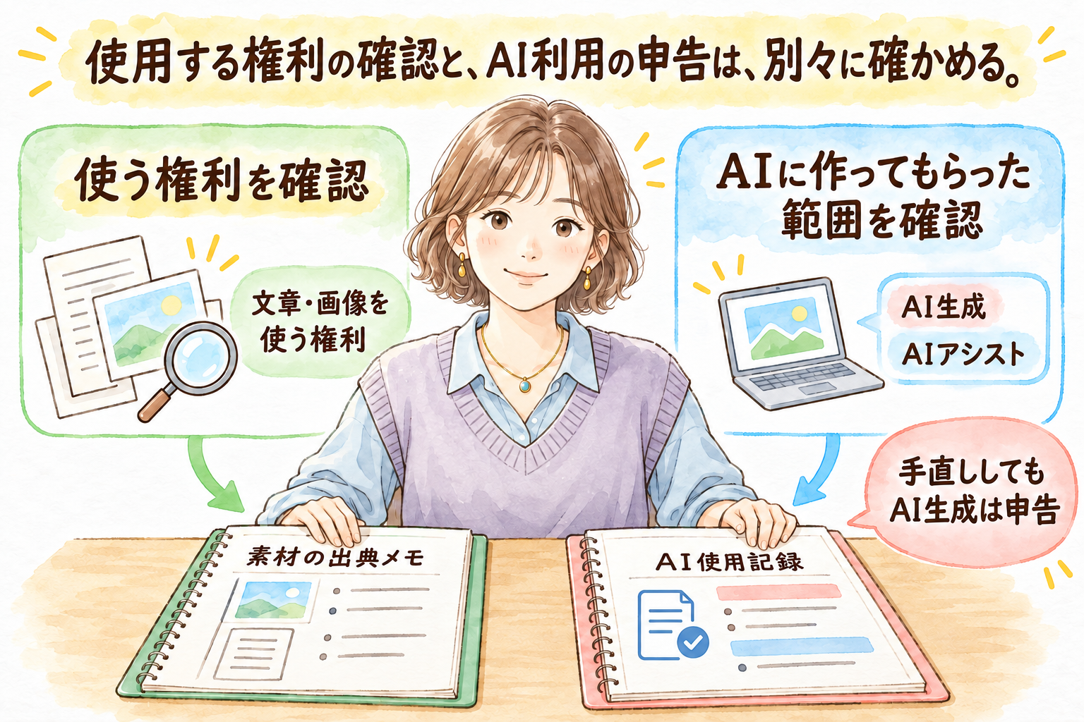 使用する権利の確認と、AI利用の申告は、別々に確かめる。