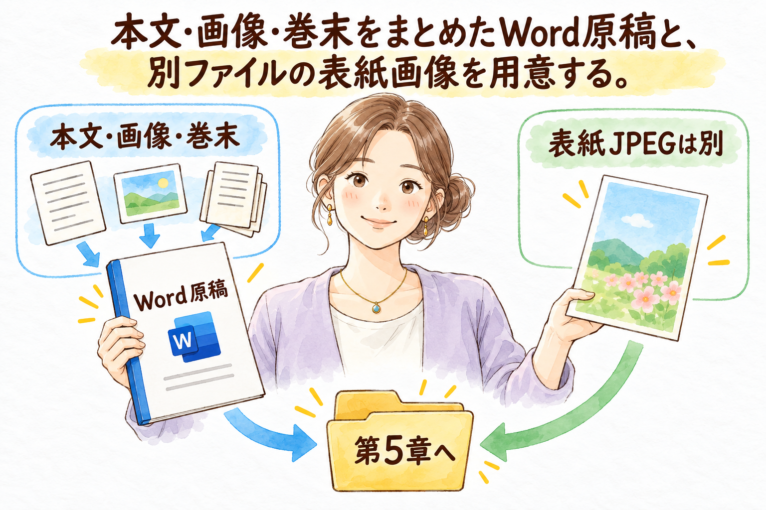本文・画像・巻末をまとめたWord原稿と、別ファイルの表紙画像を用意する。
