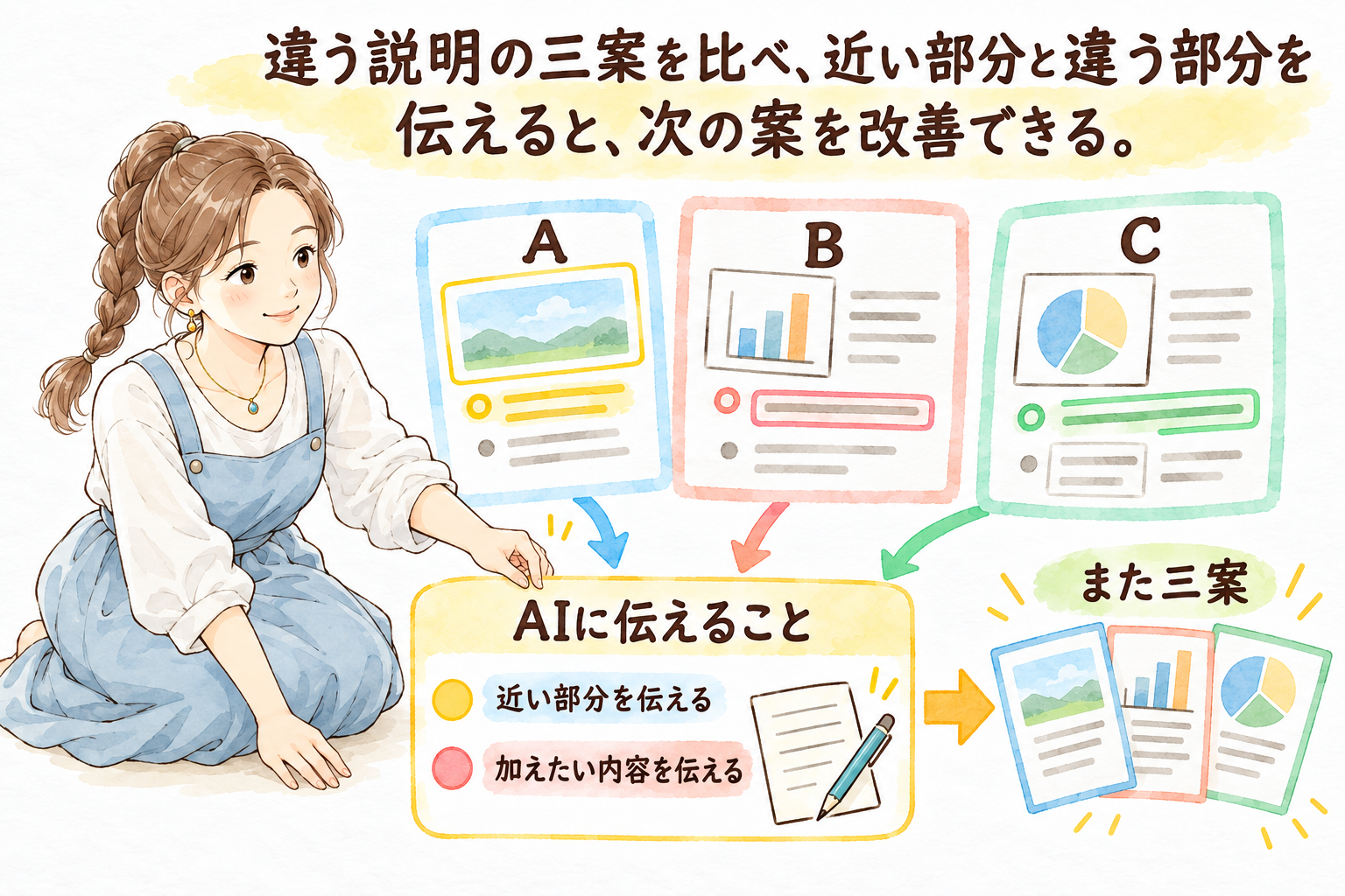 違う説明の三案を比べ、近い部分と違う部分を伝えると、次の案を改善できる。