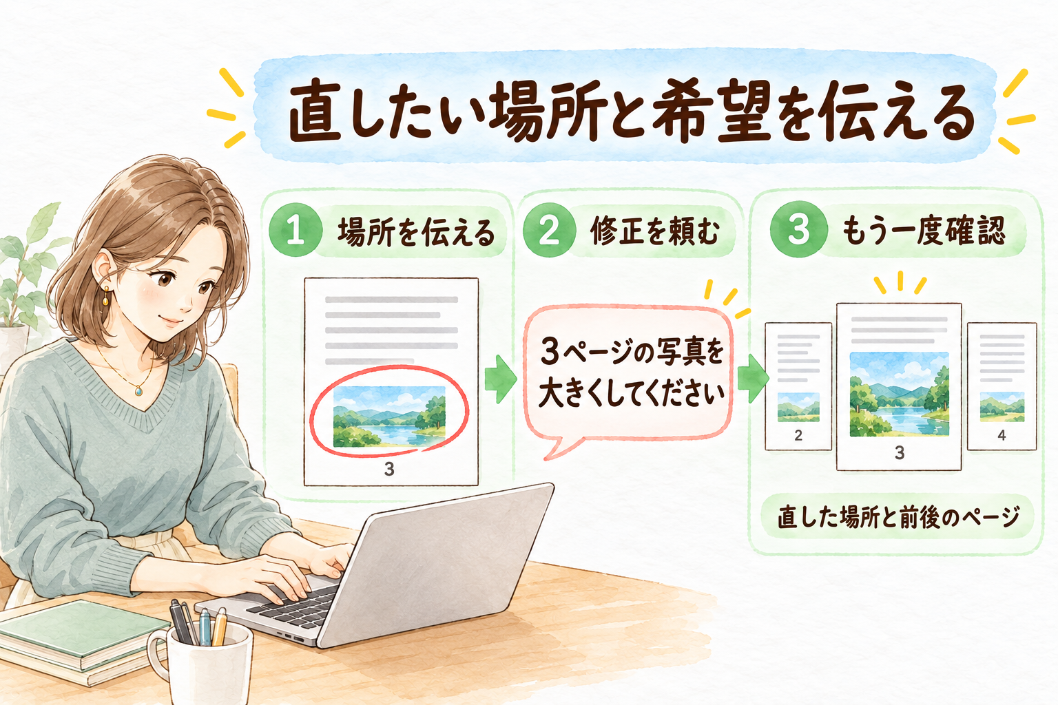 直したい場所と希望を伝え、修正後は前後のページも確認する